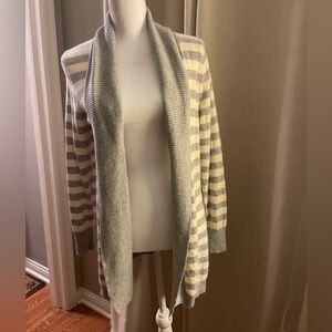LL Bean Women’s Cashmere Open Cardigan Gray/White Stripes Size M